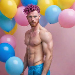 Hyperrealistic image of a muscular male model in his 20s with freckles, magenta curly pompadour hair, magenta Garibaldi beard, and blue eyes. He's wearing skinny pink leather shorts, looking back, seen from the back, surrounded by yellow and blue balloons.