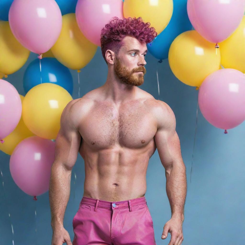 Hyperrealistic image of a muscular male model in his 20s with freckles, magenta curly pompadour hair, magenta Garibaldi beard, and blue eyes. He's wearing skinny pink leather shorts, looking back, seen from the back, surrounded by yellow and blue balloons.