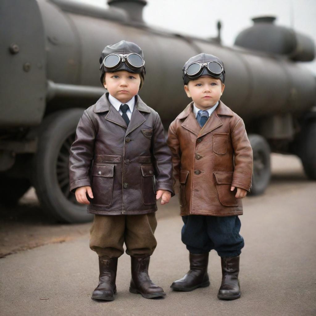 Dieselpunk children donned in tiny, strong clothing reminiscent of mid-century era; small leather jackets, child-sized boots, miniaturized aviator goggles, often seen joyfully exploring with toy vehicles and machinery run by diesel.