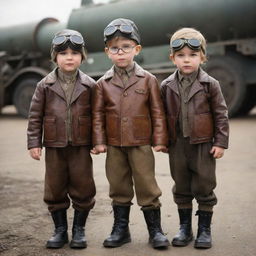 Dieselpunk children donned in tiny, strong clothing reminiscent of mid-century era; small leather jackets, child-sized boots, miniaturized aviator goggles, often seen joyfully exploring with toy vehicles and machinery run by diesel.