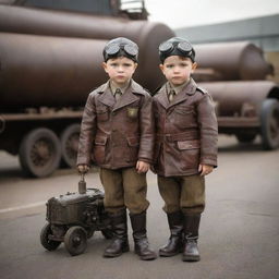 Dieselpunk children donned in tiny, strong clothing reminiscent of mid-century era; small leather jackets, child-sized boots, miniaturized aviator goggles, often seen joyfully exploring with toy vehicles and machinery run by diesel.