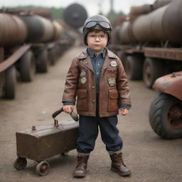 Dieselpunk children donned in tiny, strong clothing reminiscent of mid-century era; small leather jackets, child-sized boots, miniaturized aviator goggles, often seen joyfully exploring with toy vehicles and machinery run by diesel.