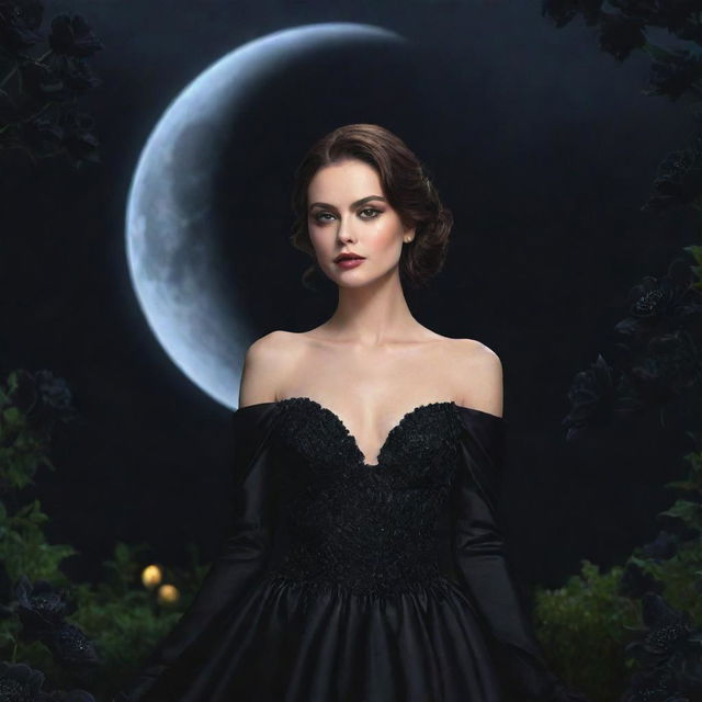 Hyper-realistic digital image of a woman in an elegant black gown and makeup, surrounded by a garden filled with black flowers, bathed in the soft glow of the moon.