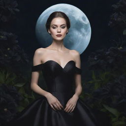 Hyper-realistic digital image of a woman in an elegant black gown and makeup, surrounded by a garden filled with black flowers, bathed in the soft glow of the moon.