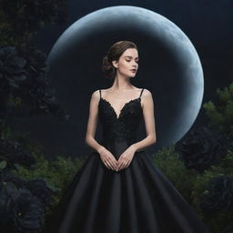 Hyper-realistic digital image of a woman in an elegant black gown and makeup, surrounded by a garden filled with black flowers, bathed in the soft glow of the moon.