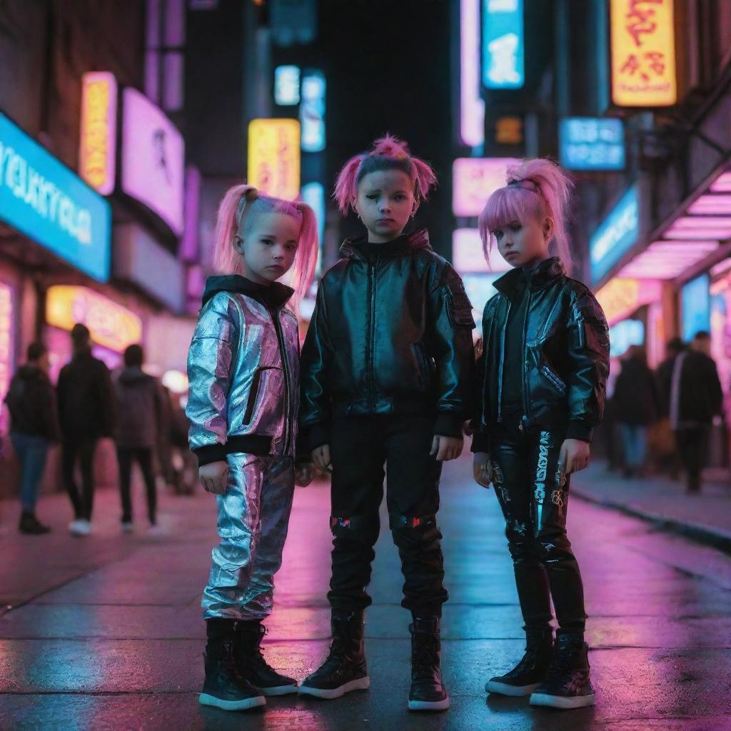 Cyberpunk children in futuristic kid-sized attire; compact metallic clothes, juvenile augmentations like neon hair ties, digital wristbands, often seen busy playing with AI controlled toys under the gleaming neon city lights.