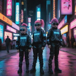 Cyberpunk children in futuristic kid-sized attire; compact metallic clothes, juvenile augmentations like neon hair ties, digital wristbands, often seen busy playing with AI controlled toys under the gleaming neon city lights.