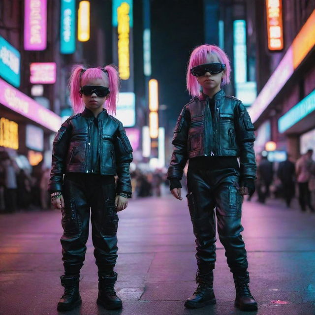 Cyberpunk children in futuristic kid-sized attire; compact metallic clothes, juvenile augmentations like neon hair ties, digital wristbands, often seen busy playing with AI controlled toys under the gleaming neon city lights.