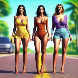 A high-resolution digital art piece depicting attractive women in revealing clothes, standing by the roadside with their thumbs out, expressing surprise