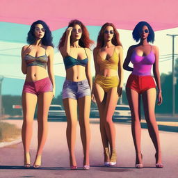 A high-resolution digital art piece depicting attractive women in revealing clothes, standing by the roadside with their thumbs out, expressing surprise