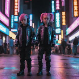 Cyberpunk children in futuristic kid-sized attire; compact metallic clothes, juvenile augmentations like neon hair ties, digital wristbands, often seen busy playing with AI controlled toys under the gleaming neon city lights.