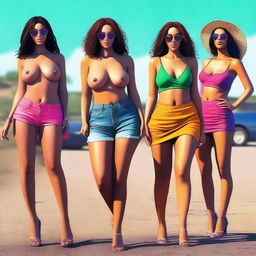 A high-resolution digital art piece depicting attractive women in revealing clothes, standing by the roadside with their thumbs out, expressing surprise