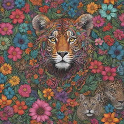 Hyper-realistic digital art rendering of a colorful floral doodle intertwined with images of various wild animals.