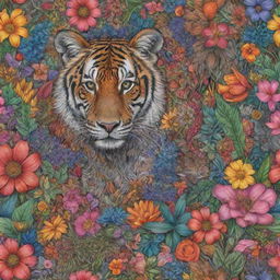 Hyper-realistic digital art rendering of a colorful floral doodle intertwined with images of various wild animals.