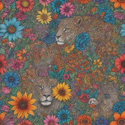 Hyper-realistic digital art rendering of a colorful floral doodle intertwined with images of various wild animals.