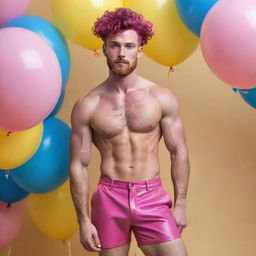 Hyperrealistic image of a muscular male model in his 20s with freckles, magenta curly pompadour hair, magenta Garibaldi beard, and blue eyes, wearing skinny pink leather shorts. He is striking a dynamic pose, looking back, viewed from the back, surrounded by yellow and blue balloons.