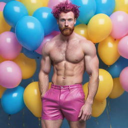 Hyperrealistic image of a muscular male model in his 20s with freckles, magenta curly pompadour hair, magenta Garibaldi beard, and blue eyes, wearing skinny pink leather shorts. He is striking a dynamic pose, looking back, viewed from the back, surrounded by yellow and blue balloons.