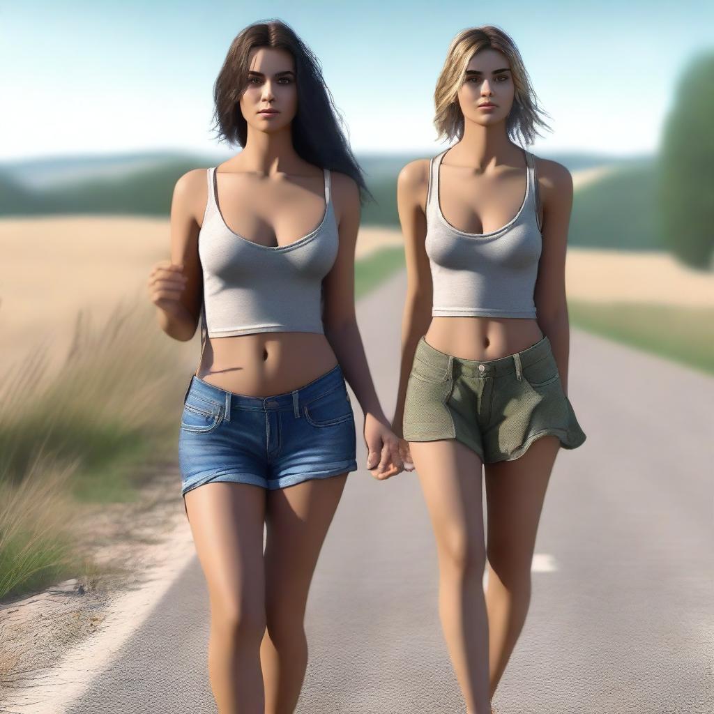 A 4k, hyper-realistic digital art piece illustrating attractive women in revealing clothes, hitchhiking down a country road