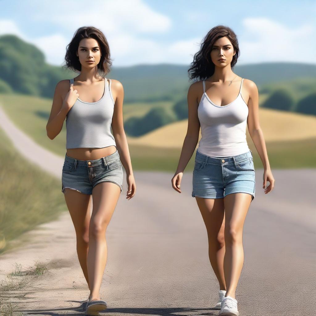 A 4k, hyper-realistic digital art piece illustrating attractive women in revealing clothes, hitchhiking down a country road