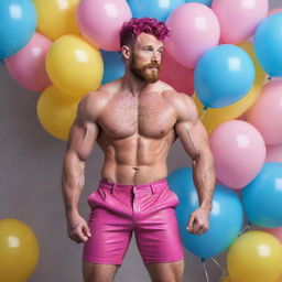 Hyperrealistic image of a muscular male model in his 20s with freckles, magenta curly pompadour hair, magenta Garibaldi beard, and blue eyes, wearing skinny pink leather shorts. He is striking a dynamic pose, looking back, viewed from the back, surrounded by yellow and blue balloons.