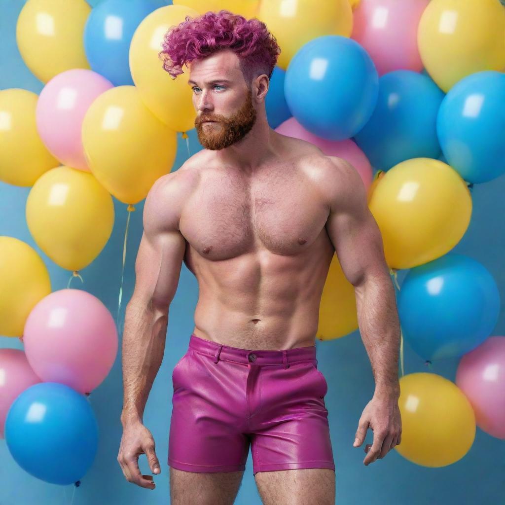 Hyperrealistic image of a muscular male model in his 20s with freckles, magenta curly pompadour hair, magenta Garibaldi beard, and blue eyes, wearing skinny pink leather shorts. He is striking a dynamic pose, looking back, viewed from the back, surrounded by yellow and blue balloons.