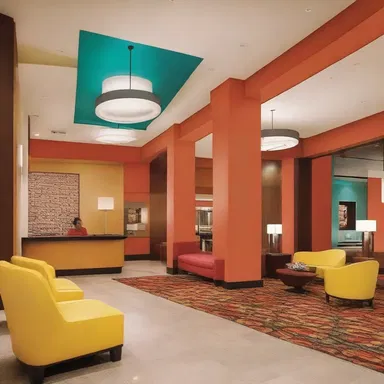 The modern design and vibrant color scheme of the hotel lobby helped to rejuvenate the entire building.