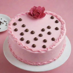 A delightful pink frosted cake adorned with chocolate chips forming a heart shape on the top