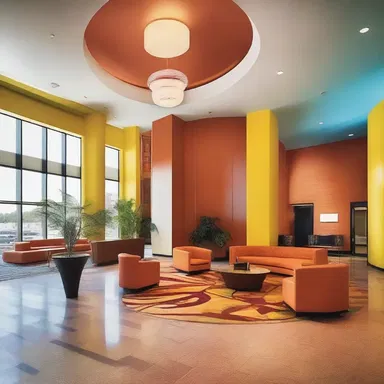 The modern design and vibrant color scheme of the hotel lobby helped to rejuvenate the entire building.