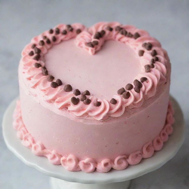 A delightful pink frosted cake adorned with chocolate chips forming a heart shape on the top