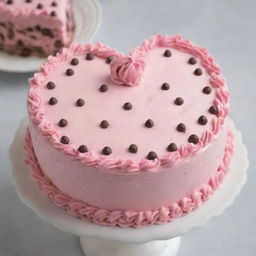 A delightful pink frosted cake adorned with chocolate chips forming a heart shape on the top