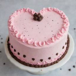 A delightful pink frosted cake adorned with chocolate chips forming a heart shape on the top