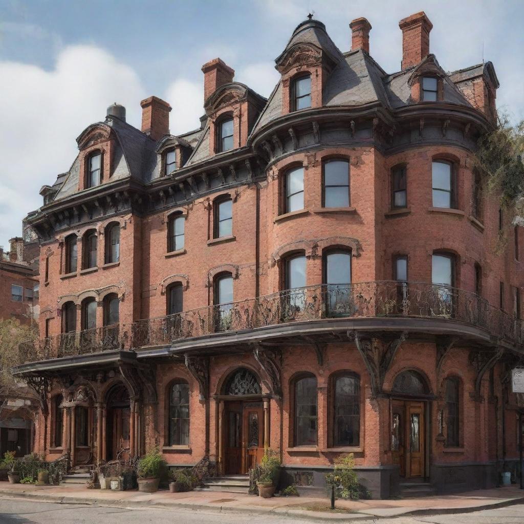 Steampunk houses incorporating Victorian architecture mixed with industrial design; red brick structures entwined with brass piping and gears, large steam chimneys, ornate wrought iron balconies, and interiors lit by gas lamps.