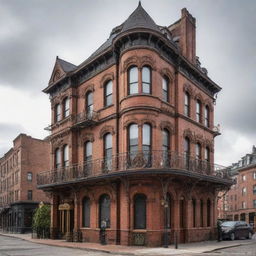 Steampunk houses incorporating Victorian architecture mixed with industrial design; red brick structures entwined with brass piping and gears, large steam chimneys, ornate wrought iron balconies, and interiors lit by gas lamps.