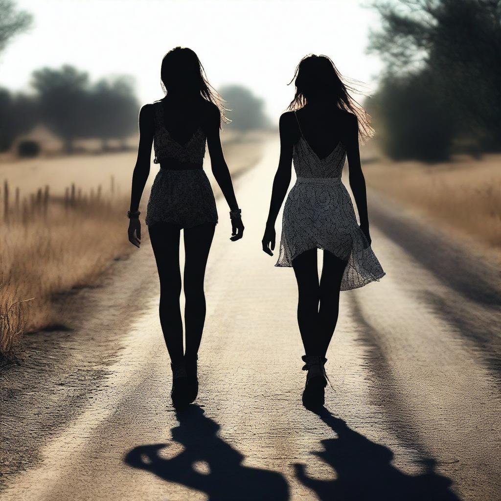 A 4k, hyper-realistic digital art piece presenting two attractive women in revealing clothes, hitchhiking down a dark country road