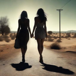 A 4k, hyper-realistic digital art piece presenting two attractive women in revealing clothes, hitchhiking down a dark country road