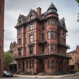 Steampunk houses incorporating Victorian architecture mixed with industrial design; red brick structures entwined with brass piping and gears, large steam chimneys, ornate wrought iron balconies, and interiors lit by gas lamps.