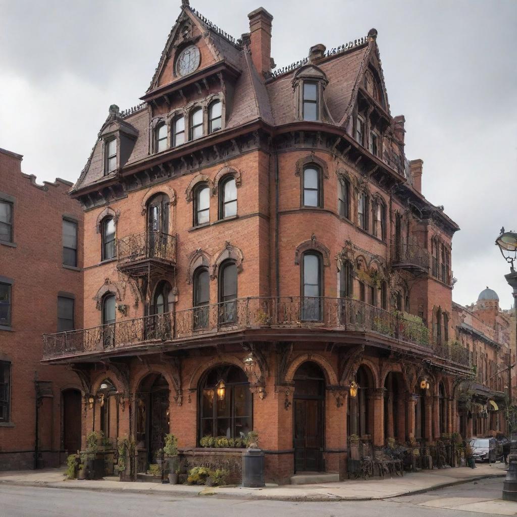 Steampunk houses incorporating Victorian architecture mixed with industrial design; red brick structures entwined with brass piping and gears, large steam chimneys, ornate wrought iron balconies, and interiors lit by gas lamps.