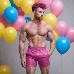 Hyperrealistic image of a muscular male model in his 20s with freckles, magenta curly pompadour hair, magenta Garibaldi beard, and blue eyes, wearing skinny pink leather shorts. He is striking a dynamic pose, looking back, viewed from the back, surrounded by yellow and blue balloons.