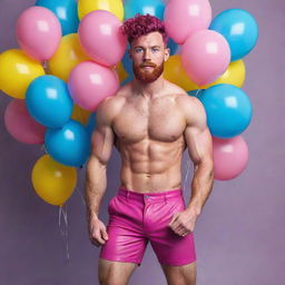 Hyperrealistic image of a muscular male model in his 20s with freckles, magenta curly pompadour hair, magenta Garibaldi beard, and blue eyes, wearing skinny pink leather shorts. He is striking a dynamic pose, looking back, viewed from the back, surrounded by yellow and blue balloons.