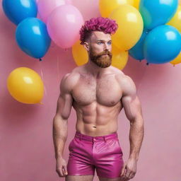 Hyperrealistic image of a muscular male model in his 20s with freckles, magenta curly pompadour hair, magenta Garibaldi beard, and blue eyes, wearing skinny pink leather shorts. He is striking a dynamic pose, looking back, viewed from the back, surrounded by yellow and blue balloons.