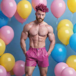 Hyperrealistic image of a muscular male model in his 20s with freckles, magenta curly pompadour hair, magenta Garibaldi beard, and blue eyes, wearing skinny pink leather shorts. He is striking a dynamic pose, looking back, viewed from the back, surrounded by yellow and blue balloons.