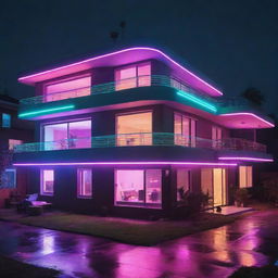 Electropunk houses pulsating with vibrant energy; modern structures decorated with neon lights and electric accents, interfaces instead of switches, digital windows, and living spaces powered by streaming arcs of electricity.