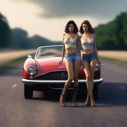 A 4k, hyper-realistic digital art piece featuring two attractive women in revealing clothes, hitchhiking on a dark country road