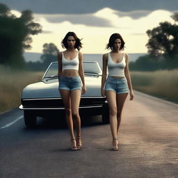 A 4k, hyper-realistic digital art piece featuring two attractive women in revealing clothes, hitchhiking on a dark country road