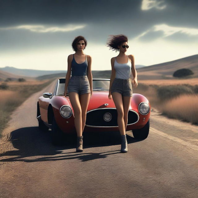 A 4k, hyper-realistic digital art piece featuring two attractive women in revealing clothes, hitchhiking on a dark country road