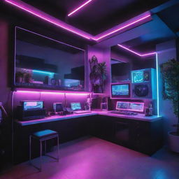 Electropunk houses pulsating with vibrant energy; modern structures decorated with neon lights and electric accents, interfaces instead of switches, digital windows, and living spaces powered by streaming arcs of electricity.