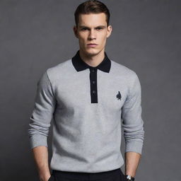 Modify the 'Grim' outfit design to incorporate stylized polo shirts and sweaters. Keep the Russian gangster aesthetic, with emphasis on opulence and dark, intimidating visuals. The polo shirts and sweaters should elevate this unique fashion narrative.