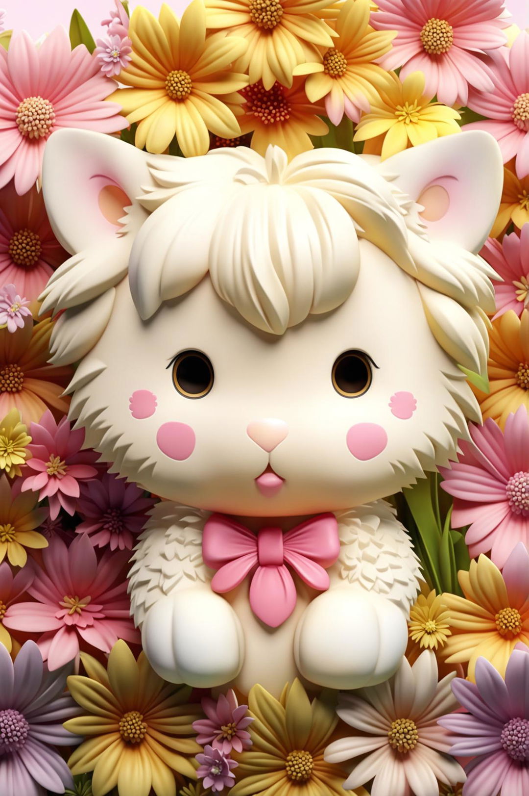 A high-definition, 3D rendered wallpaper featuring Chiffon, a character from Sanrio, surrounded by a variety of vibrant flowers