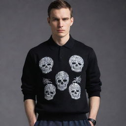 Modify the 'Grim' outfit design to incorporate stylized polo shirts and sweaters. Keep the Russian gangster aesthetic, with emphasis on opulence and dark, intimidating visuals. The polo shirts and sweaters should elevate this unique fashion narrative.