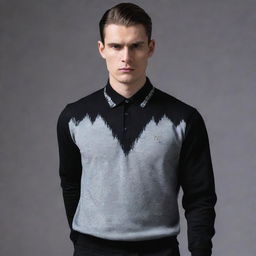 Modify the 'Grim' outfit design to incorporate stylized polo shirts and sweaters. Keep the Russian gangster aesthetic, with emphasis on opulence and dark, intimidating visuals. The polo shirts and sweaters should elevate this unique fashion narrative.